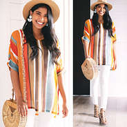 striped tunic top with white jeans and block heels